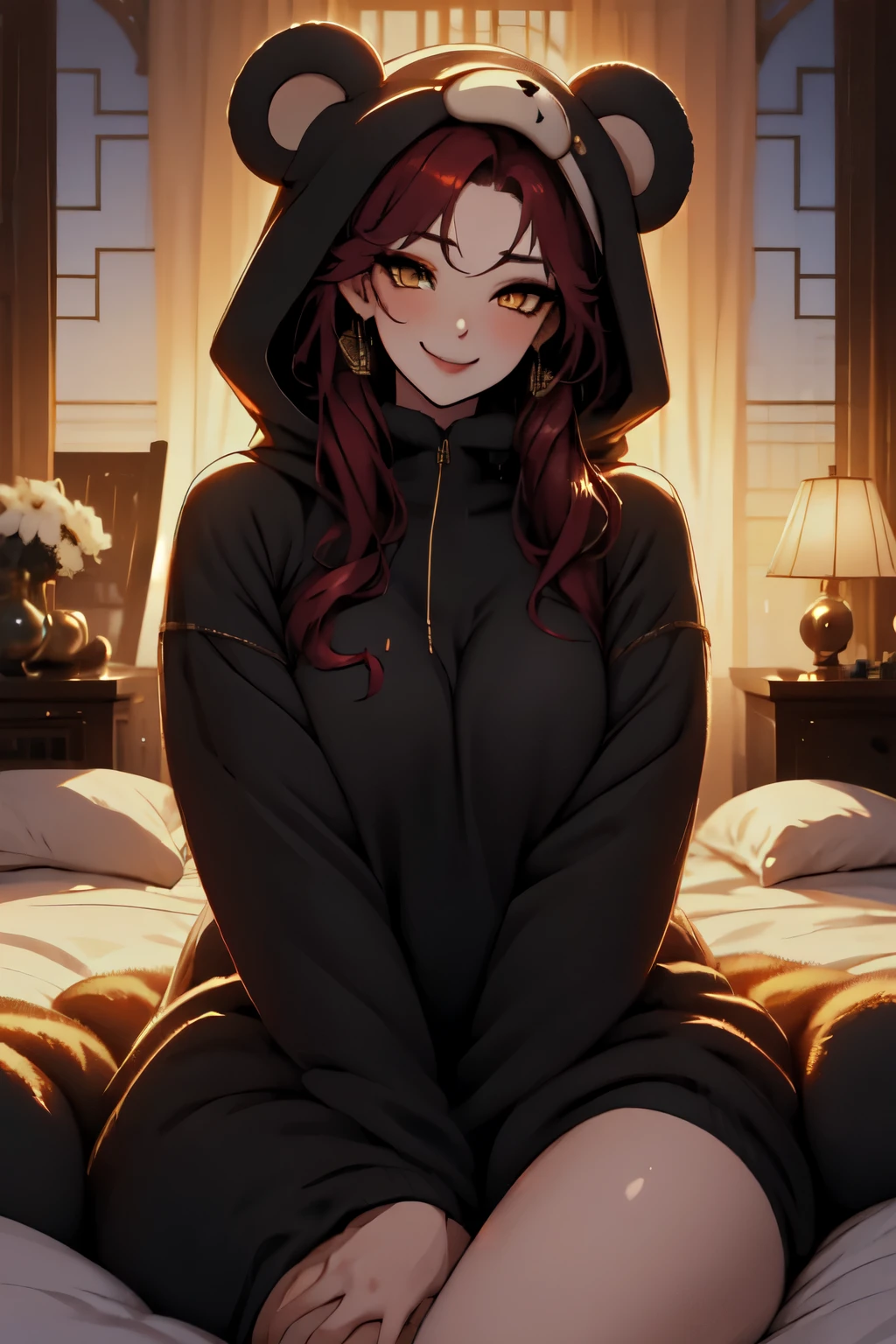 beautiful, (masterpiece), best quality, (extremely detailed face), extremely detailed eyes, perfect lighting, OverallDetail, detailed, deep skin,textured skin, ,bear costume ,black bear costume, long sleeves, hood up,,mallow , red long hair, gold eyes, big smile, on bed ,sitting between pillows, ,
