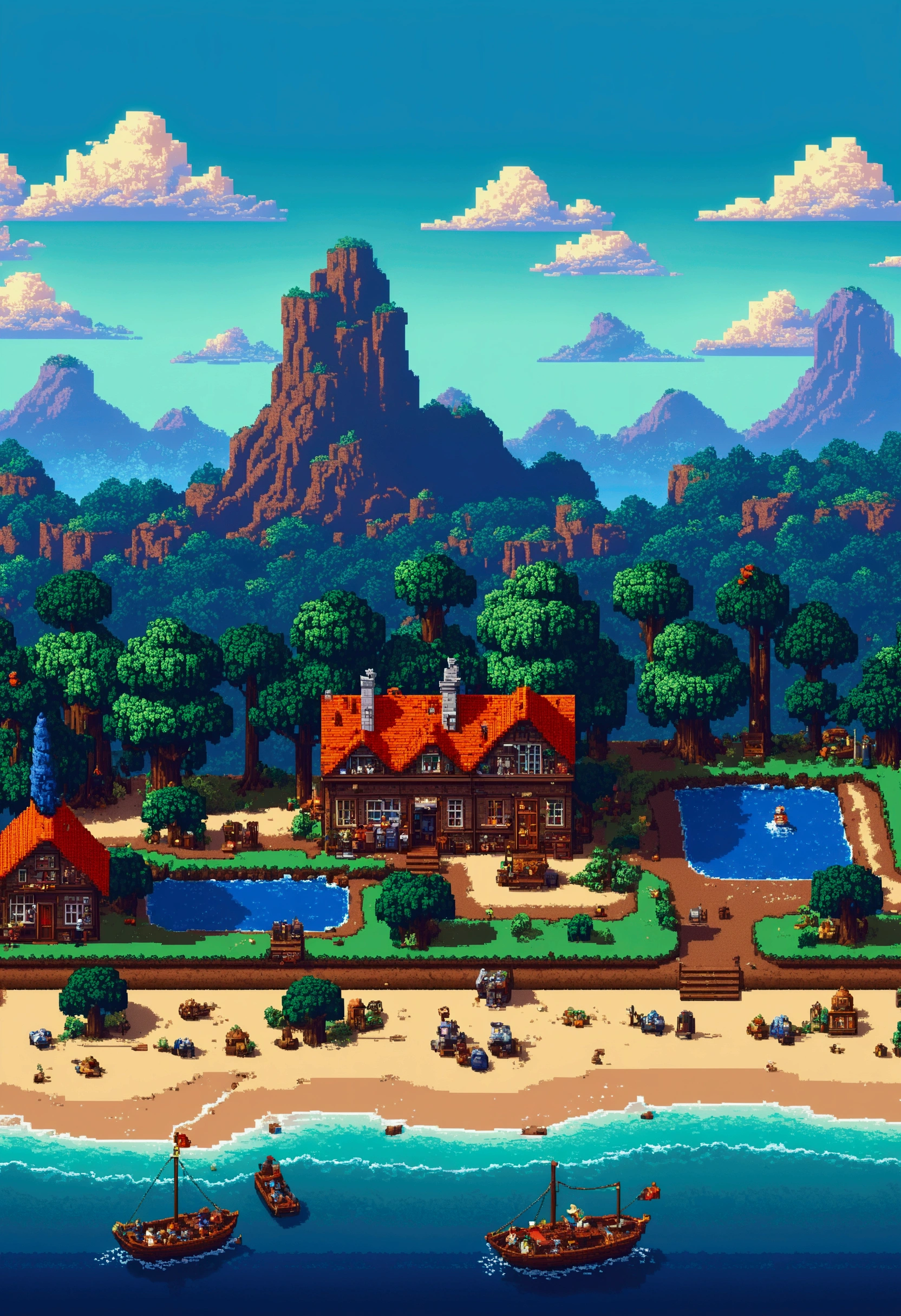 Tourist landscape in pixel art. evening. funds'3D pixel art screen 4K. Amazing pixel art details. pixel art. steam wave. pixel art détaillé d'playstation 1 nostalgie