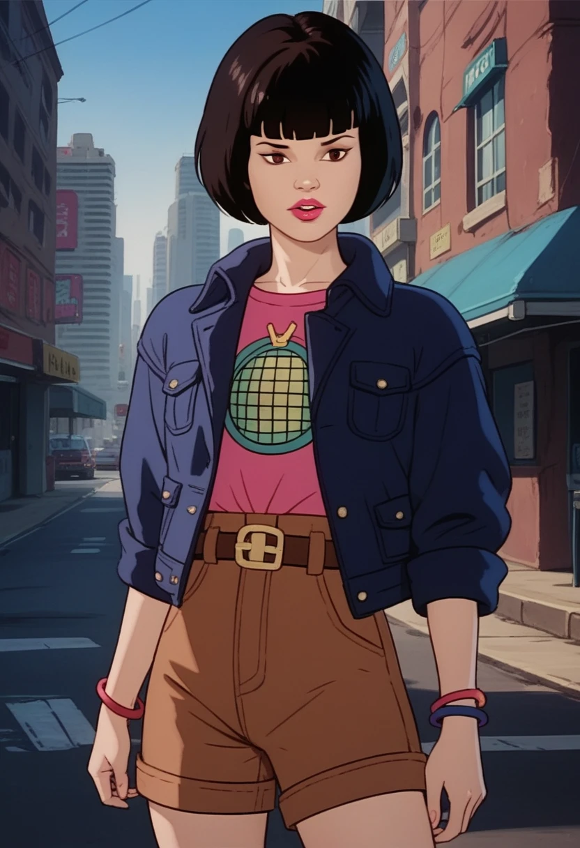 parted lips, solo, xgix,1girl,black hair,bob cut,blunt bangs,brown eyes,lipstick,bracelet, shirt,jacket,belt,brown shorts, standing, outdoors,realistic,city,