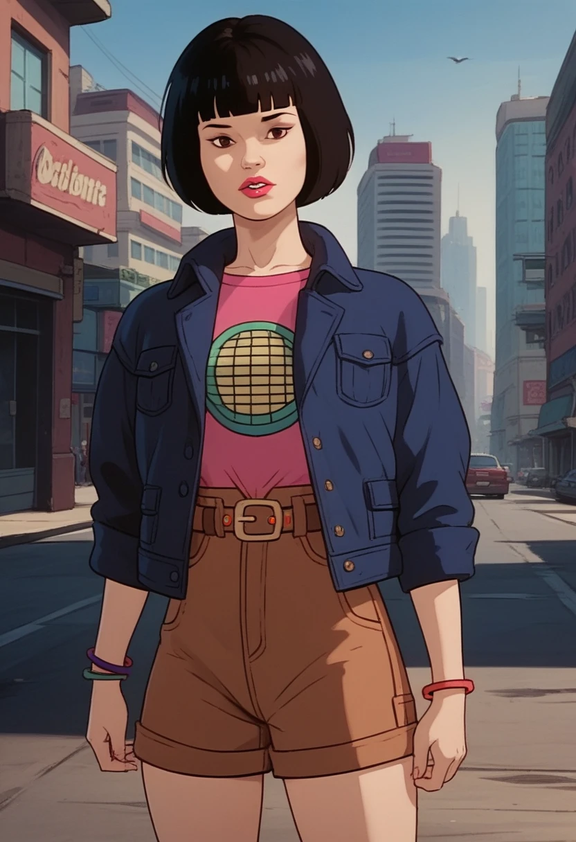 parted lips, solo, xgix,1girl,black hair,bob cut,blunt bangs,brown eyes,lipstick,bracelet, shirt,jacket,belt,brown shorts, standing, outdoors,realistic,city,