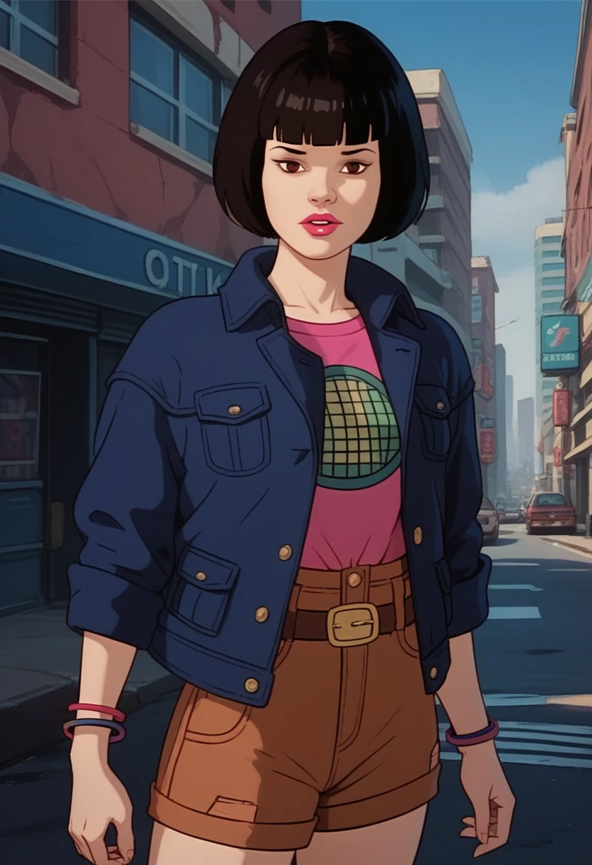 parted lips, solo, xgix,1girl,black hair,bob cut,blunt bangs,brown eyes,lipstick,bracelet, shirt,jacket,belt,brown shorts, standing, outdoors,realistic,city,