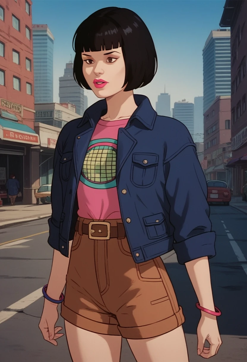 parted lips, solo, xgix,1girl,black hair,bob cut,blunt bangs,brown eyes,lipstick,bracelet, shirt,jacket,belt,brown shorts, standing, outdoors,realistic,city,