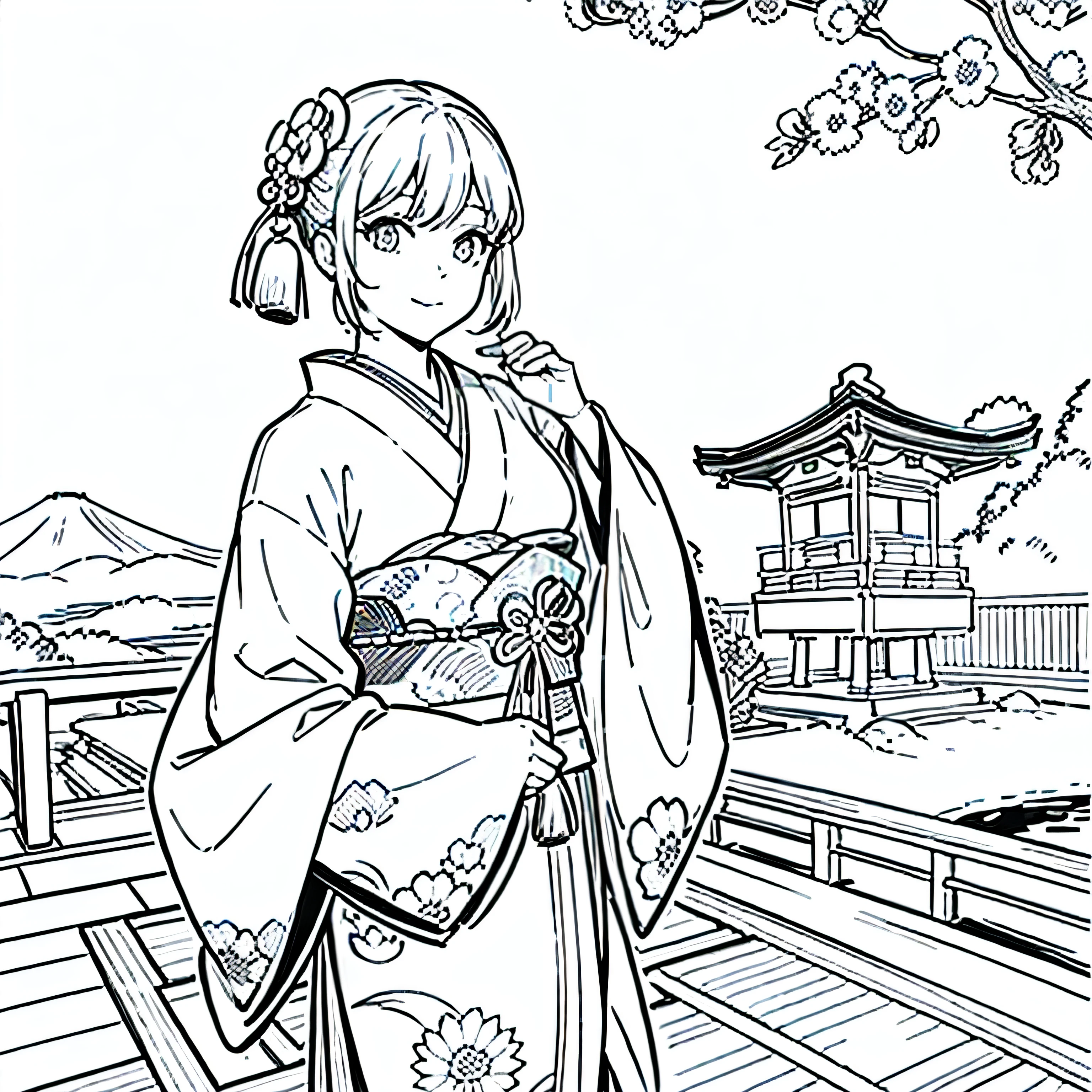 masterpiece, Top-class,only, Dragon Cute , flower line art background, White Background, monochrome, line art, ((sketch)), spooky, White eyes, 大人でも簡単にできるmonochromeの塗り絵を作ってください, A realistic and cute ukiyo-e painting of a girl in a kimono, Mr.々In a pose, With a Japanese garden in the background, Communicating Japanese culture.