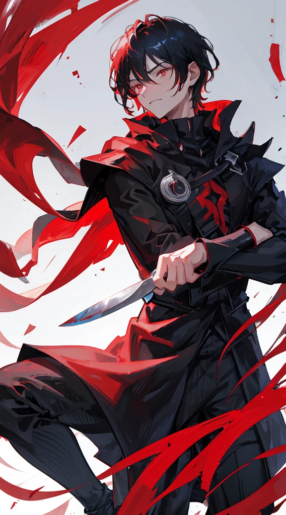 a guy with bright red eyes, red and black hair, wearing a crimson cloak and black mask and holding a knife made of blood