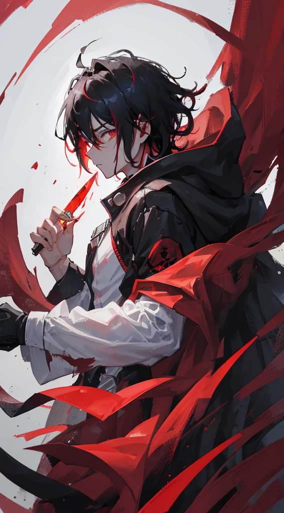 a guy with bright red eyes, red and black hair, wearing a crimson cloak and black mask and holding a knife made of blood
