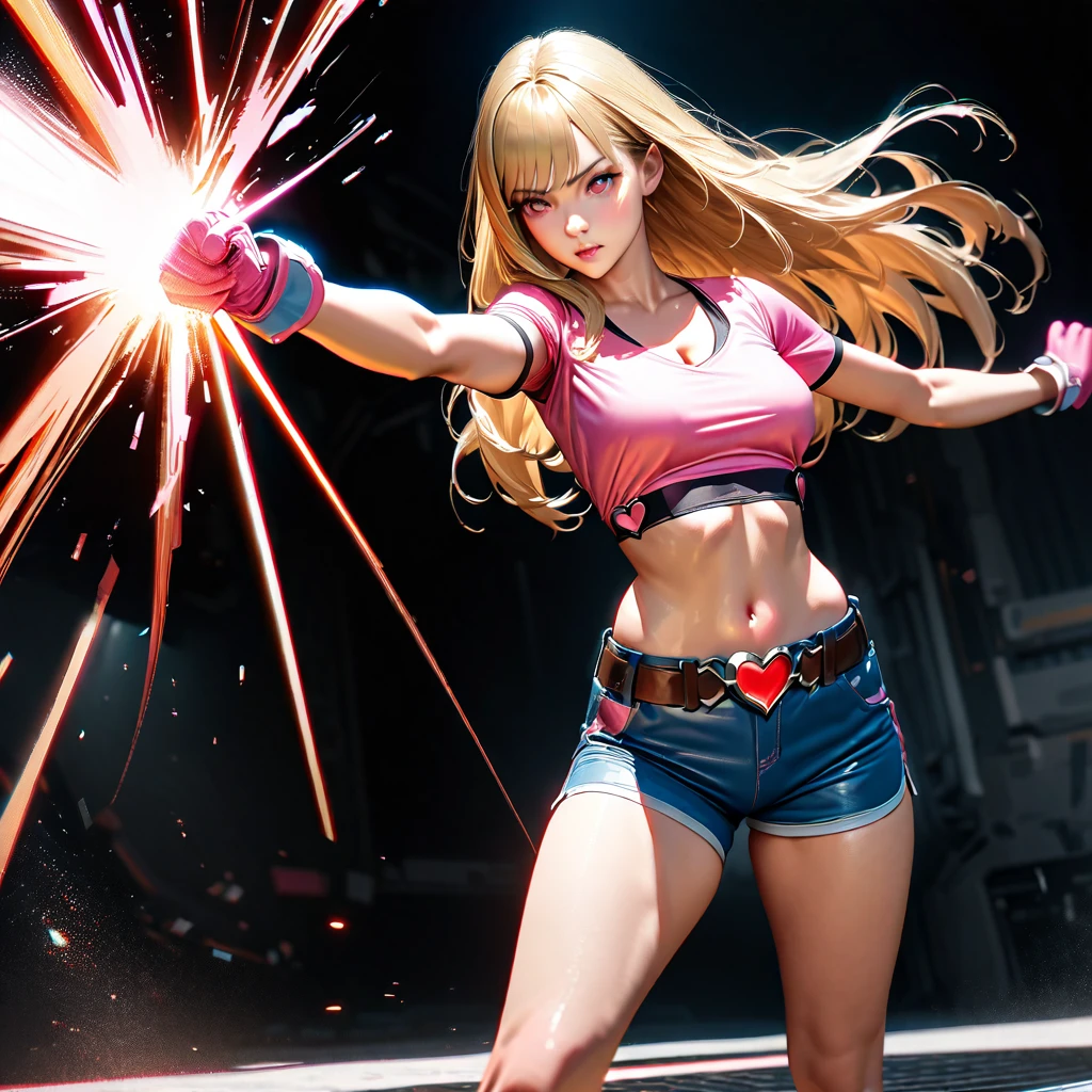 A young woman, blonde hair, chest-length hair, straight hair, side bangs, (pink tight shirt (crop top, u-neck, short-sleeves)), expose navel, blue leather shorts, brown belt buckle with red heart-shape buckle, pink small gloves, pink small boots, launch energy punch, UHD, ultra detailed, ultra realistic, best quality