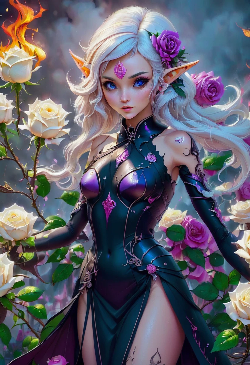 Arafed, Dark fantasy art, fantasy art, goth art, a picture of a tattoo on the back of a female elf, a glowing tattoo of a ((white rose: 1.3)) on the elf's back, the ((rose tattoo)) is vivid, intricate detailed coming to life from the ink to real life, GlowingRunesAI_purple, ((fire surrounds the rose petals: 1.5)), shoot taken from the back, ((the back is visible: 1.3), she wears a transparent black dress, the dress is elegant, flowing, elven style, that the tattoos glow, dynamic hair color, dynamic hair style, faize,, Digital Painting