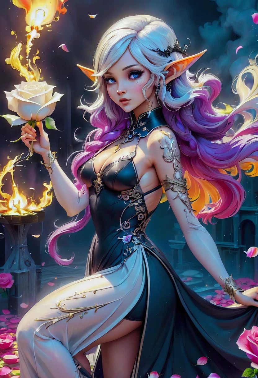 Arafed, Dark fantasy art, fantasy art, goth art, a picture of a tattoo on the back of a female elf, a glowing tattoo of a ((white rose: 1.3)) on the elf's back, the ((rose tattoo)) is vivid, intricate detailed coming to life from the ink to real life, GlowingRunesAI_purple, ((fire surrounds the rose petals: 1.5)), shoot taken from the back, ((the back is visible: 1.3), she wears a transparent black dress, the dress is elegant, flowing, elven style, that the tattoos glow, dynamic hair color, dynamic hair style, faize,, Digital Painting