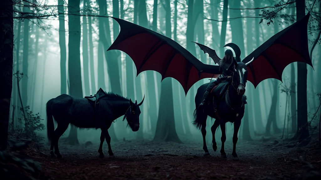A haunting, cinematic keyframe depicting a majestic demon with horse legs, a goat-like body, and imposing bat wings, set against a misty, moonlit forest backdrop, with piercing red eyes that seem to pierce through the darkness. Inspired by the works of Maciej Kuciara, Jama Jurabaev, and Wojtek Fus, this image boasts a rich, cinematic color grading with warm, earthy tones and deep blues, enhanced by cinematic lighting, shallow depth of field, vignette, and bokeh effects, evoking the aesthetic of Kodak Porta 400 and Cinestill 800 film stocks, shot with a Leica M10 camera, exuding a filmic, otherworldly atmosphere.