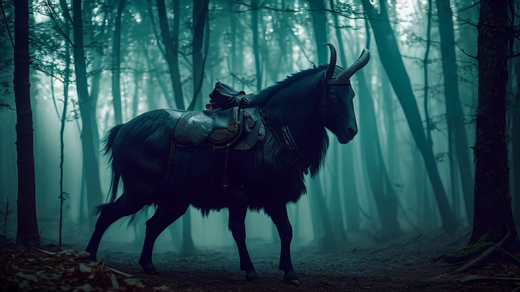 A haunting, cinematic keyframe depicting a majestic demon with horse legs, a goat-like body, and imposing bat wings, set against a misty, moonlit forest backdrop, with piercing red eyes that seem to pierce through the darkness. Inspired by the works of Maciej Kuciara, Jama Jurabaev, and Wojtek Fus, this image boasts a rich, cinematic color grading with warm, earthy tones and deep blues, enhanced by cinematic lighting, shallow depth of field, vignette, and bokeh effects, evoking the aesthetic of Kodak Porta 400 and Cinestill 800 film stocks, shot with a Leica M10 camera, exuding a filmic, otherworldly atmosphere.