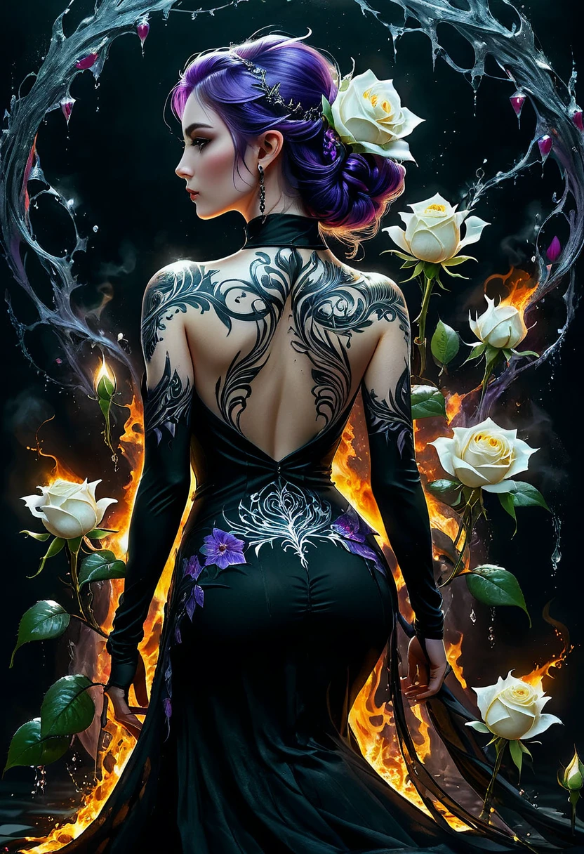 Arafed, Dark fantasy art, fantasy art, goth art, a picture of a tattoo on the back of a female elf, a glowing tattoo of a ((white rose: 1.3)) on the elf's back, the ((rose tattoo)) is vivid, intricate detailed coming to life from the ink to real life, GlowingRunesAI_purple, ((fire surrounds the rose petals: 1.5)), shoot taken from the back, ((the back is visible: 1.3), she wears a transparent black dress, the dress is elegant, flowing, elven style, that the tattoos glow, dynamic hair color, dynamic hair style, faize,, Digital Painting