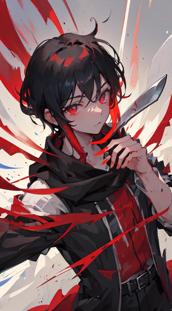 a boy with bright red eyes, red and black hair, wearing a crimson cloak and black mask and holding a knife made of blood
