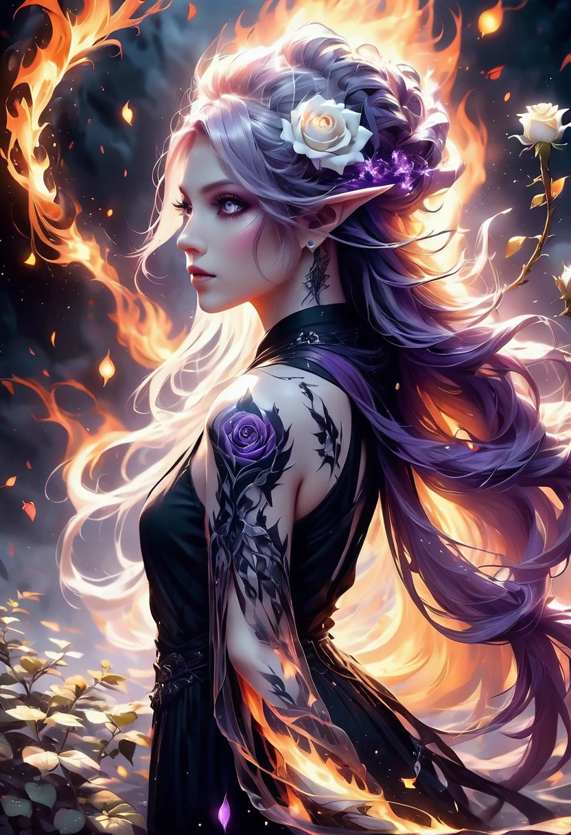 Arafed, Dark fantasy art, fantasy art, goth art, a picture of a tattoo on the back of a female elf, a glowing tattoo of a ((white rose: 1.3)) on the elf's back, the ((rose tattoo)) is vivid, intricate detailed coming to life from the ink to real life, GlowingRunesAI_purple, ((fire surrounds the rose petals: 1.5)), shoot taken from the back, ((the back is visible: 1.3), she wears a transparent black dress, the dress is elegant, flowing, elven style, that the tattoos glow, dynamic hair color, dynamic hair style, faize,, Digital Painting