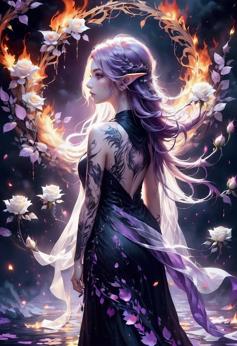 Arafed, Dark fantasy art, fantasy art, goth art, a picture of a tattoo on the back of a female elf, a glowing tattoo of a ((white rose: 1.3)) on the elf's back, the ((rose tattoo)) is vivid, intricate detailed coming to life from the ink to real life, GlowingRunesAI_purple, ((fire surrounds the rose petals: 1.5)), shoot taken from the back, ((the back is visible: 1.3), she wears a transparent black dress, the dress is elegant, flowing, elven style, that the tattoos glow, dynamic hair color, dynamic hair style, faize,, Digital Painting