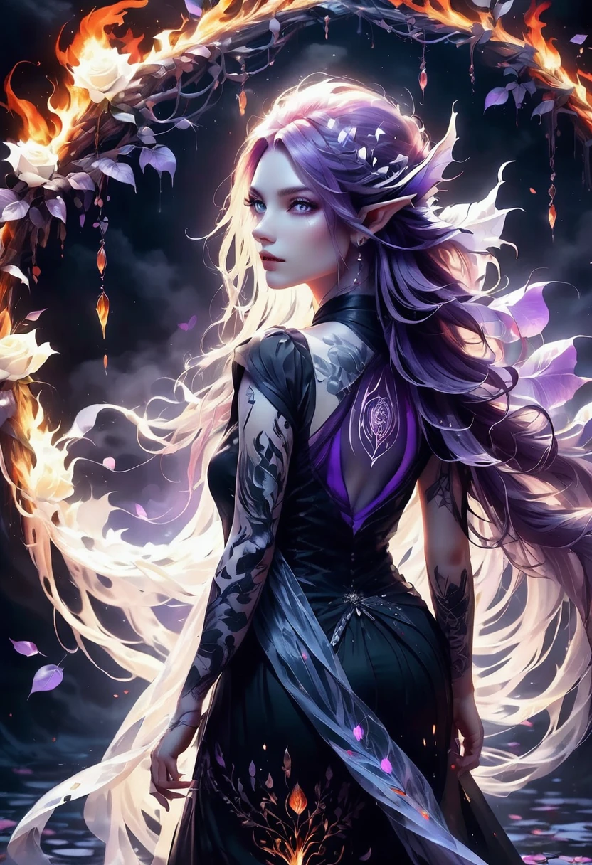 Arafed, Dark fantasy art, fantasy art, goth art, a picture of a tattoo on the back of a female elf, a glowing tattoo of a ((white rose: 1.3)) on the elf's back, the ((rose tattoo)) is vivid, intricate detailed coming to life from the ink to real life, GlowingRunesAI_purple, ((fire surrounds the rose petals: 1.5)), shoot taken from the back, ((the back is visible: 1.3), she wears a transparent black dress, the dress is elegant, flowing, elven style, that the tattoos glow, dynamic hair color, dynamic hair style, faize,, Digital Painting