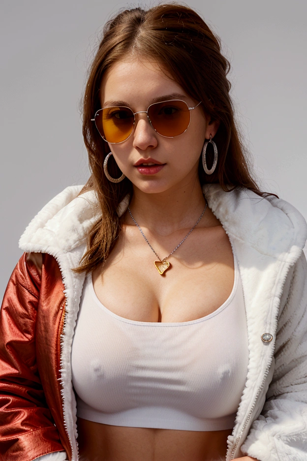 A white girl with sun glasses, brown hair, red shirt, big , white furry &fluffy jacket, with blue jeans, big ass, yellow cap in the middle a logo of etherium, silver necklace with the logo of etherium, golden hoop earring, beatiful young 20 year old.