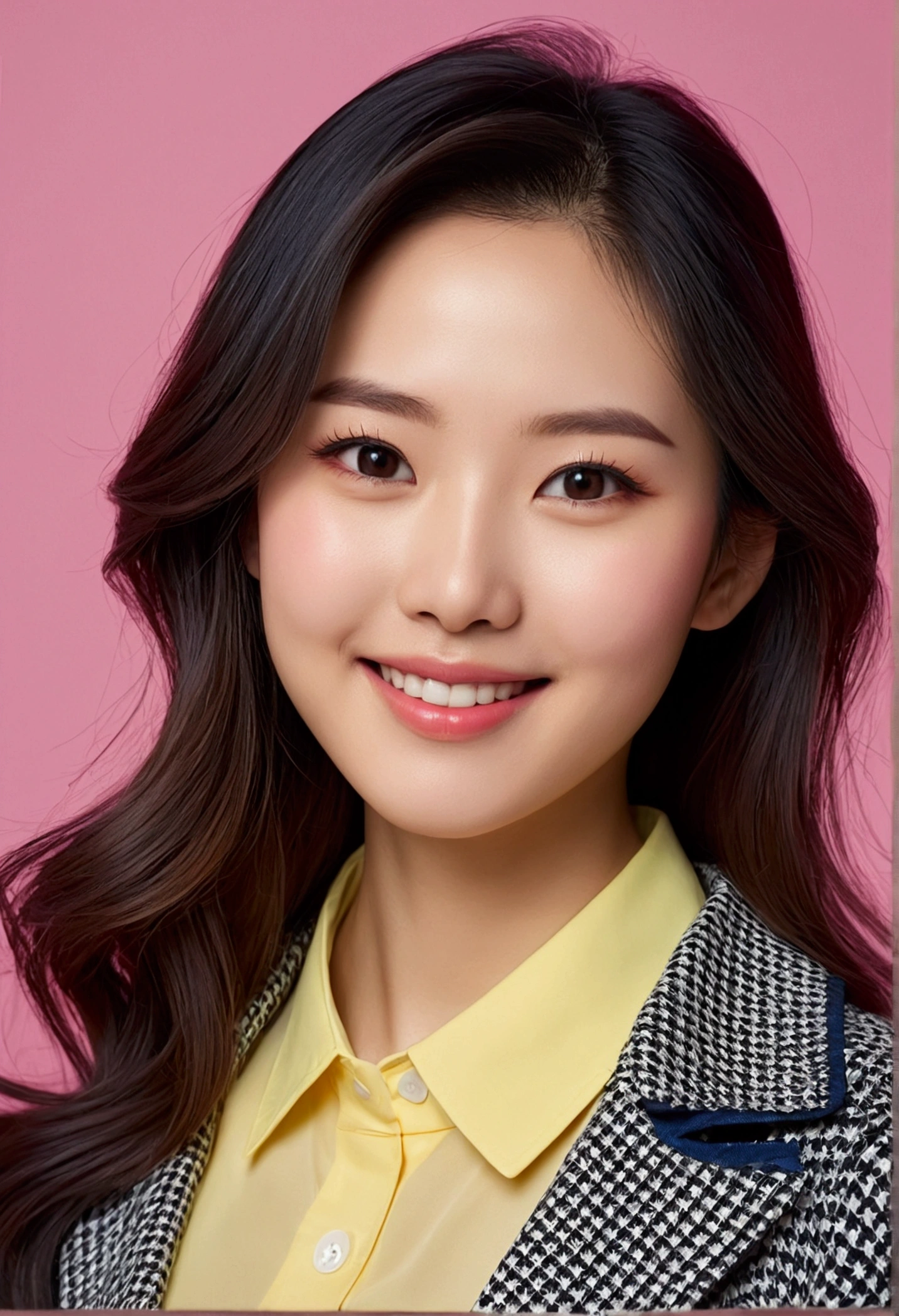 Beautiful woman from Japan, Beautiful perfect face with soft skin, small face with pink nose and lips, gorgeous eyes, beautiful smiling. blackw, fine and long beautiful hair, bathed in a brilliant etheric glow. Gradient Highlight Layer Greige Loose Cute Medium Hairstyle, Navy blue collar shirt × wide yellow Houndstooth skirt, Bright neon colorful background, super realistic woman photo, High quality, high resolution 8K masterpiece