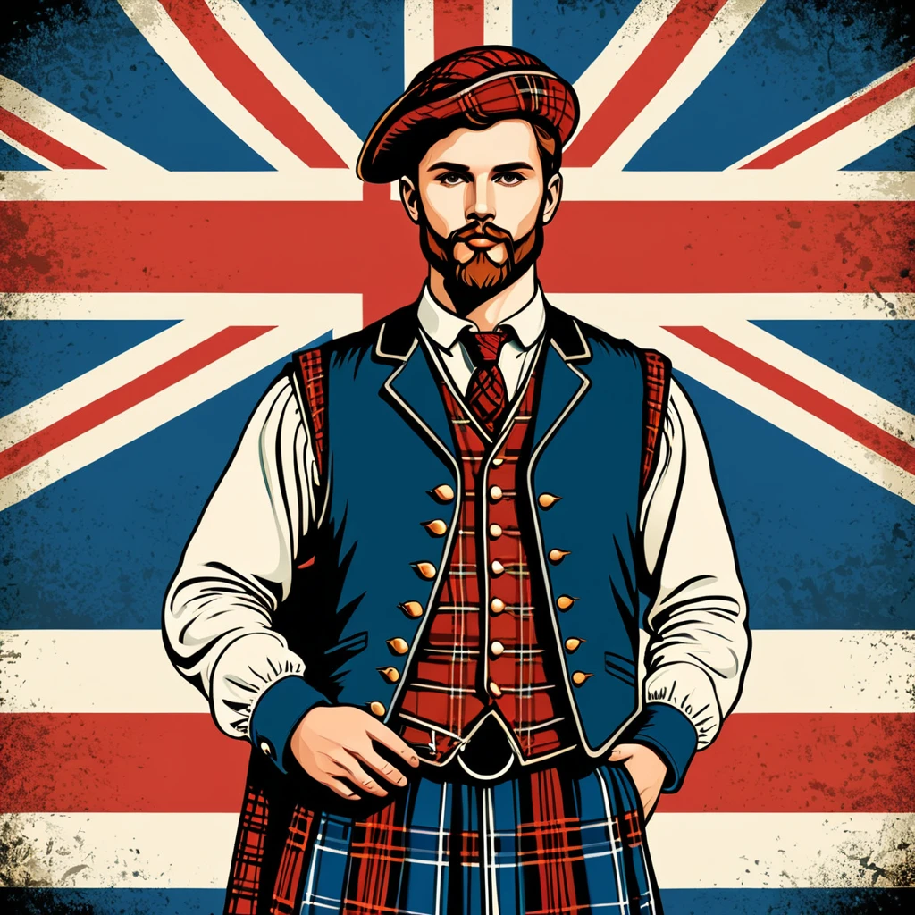 man in scotish folk outfit, vector graphics, strong contours