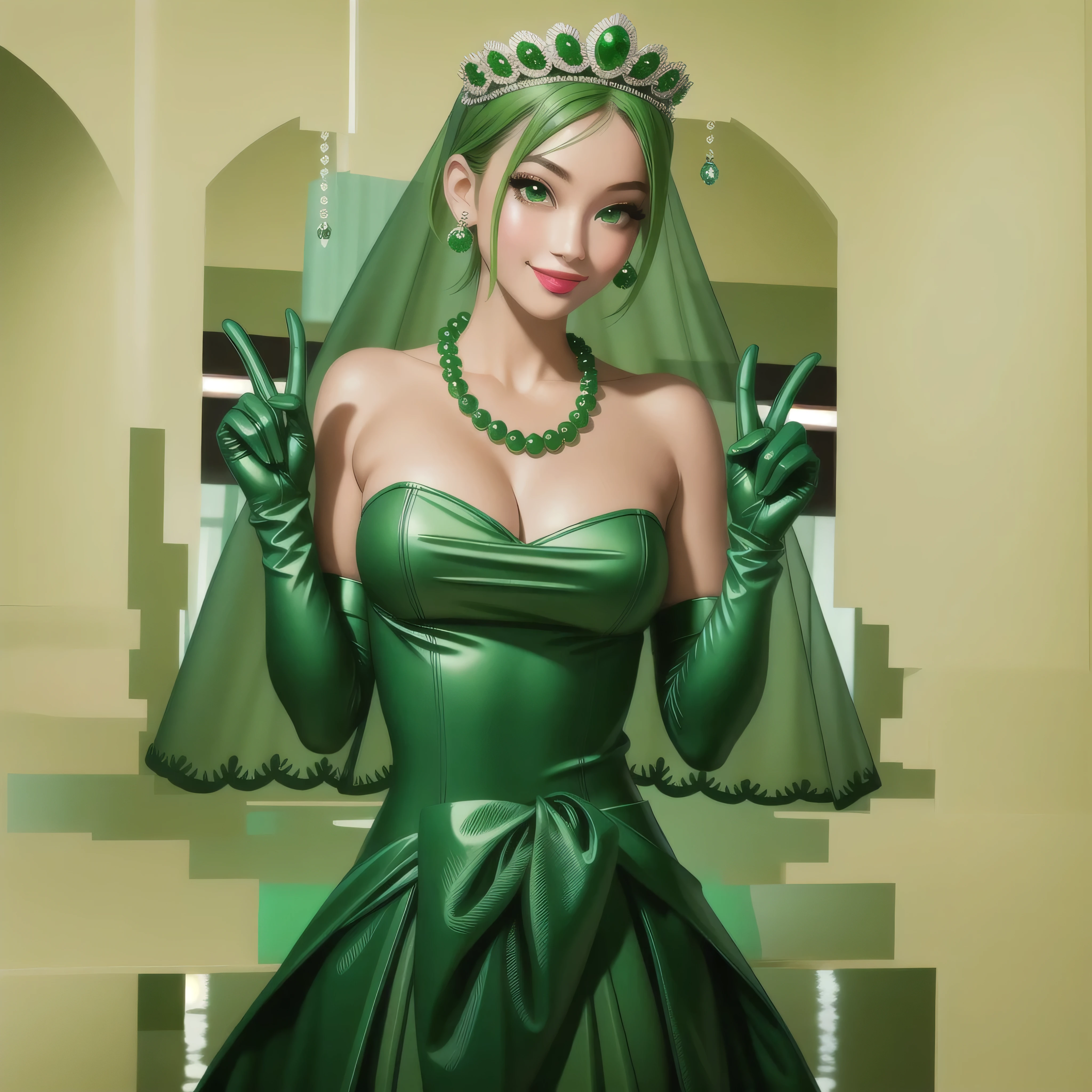 emerald tiara, Green Pearl Necklace, Boyish very short green hair, Green Lips, Smiling Japanese woman, Very short hair, Busty beautiful lady, Green Eyes, Green satin long gloves, Green Eyes, Emerald Earrings, Green veil, all of, Green Hair, Beautiful Japanese Women, green lip gloss