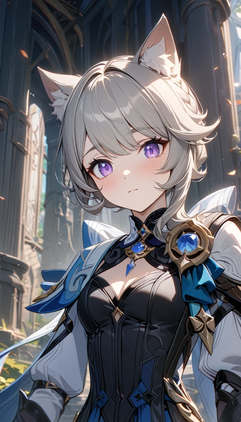 Young girl, gray hair, purple eyes, cat ears, Lynnet from Genshin Impact, Masterpiece, best quality, Full HD, 8k, ultra details, great graphic