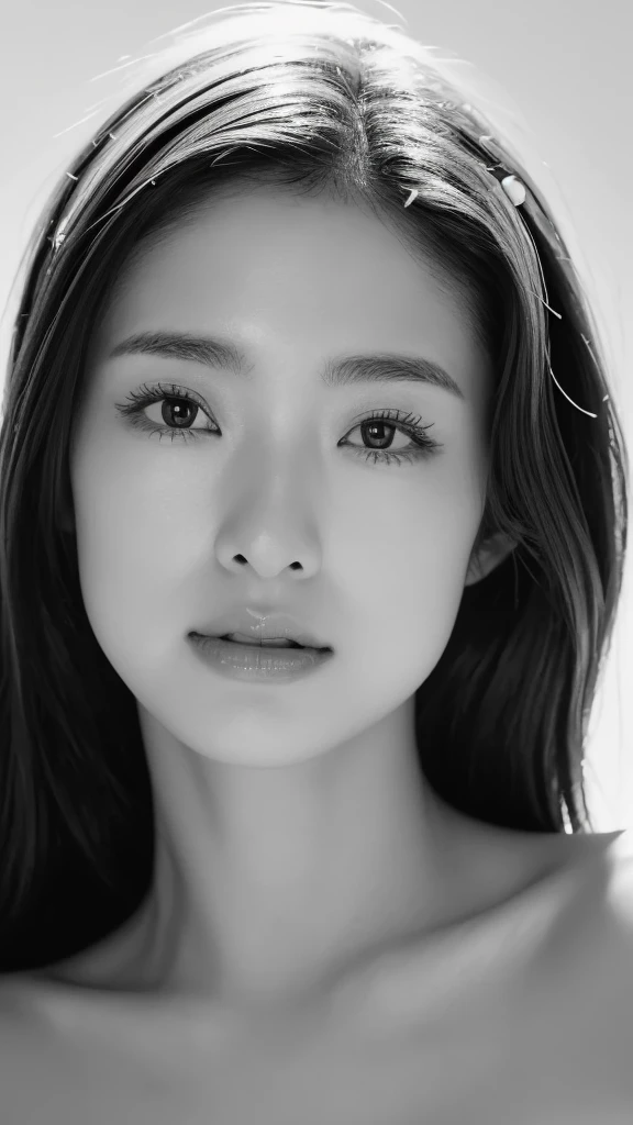 (best quality,ultra-detailed,realistic),(monoclonal portraits),(black and white:1.7),(soft lighting),(Japanese beautiful face),(detailed facial features),(white background),(line drawing),anatomy correct,completely naked,perfect nude,undressed,insanely gleaming face,insanely shiny skin