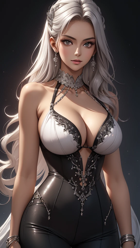 Closeup, Best quality, masterpiece, realistic, Beautiful sexy cool tall, slim, fit woman, wearing fancy silver-white sequin top and black pants, intricate and highly detailed, cleavage, long silver hair, body chain, jewelry.