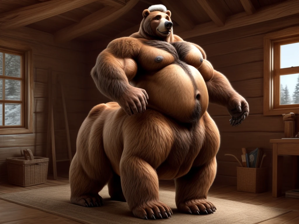 furry, fur taur, beartaur, middle-age, solo, detailed face, bear ears, bear eyes(brown), bear nose(black), bear mouth, garibaldi beard(white), mature hair(white), detailed arms, thick arms, muscular, thick hands(5 fingers), detailed body belly, thick body, muscle belly(brown), thick chest, chest hair(black), detailed taur body, thick taur body, thick bear paws, thick bear tail, full body shot, standing in the cabin