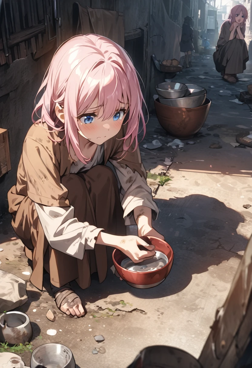 anime, High resolution, Soft Light, ((Highest quality)), ((masterpiece)), (detailed), Re_\(), , (Rugware:1.1), Dirty clothes, Brown clothes, Beggar, Slums, sad, Beggar for money, On my knees, Holding bowl, Empty bowl, , 、Pink haired woman、blue eyes