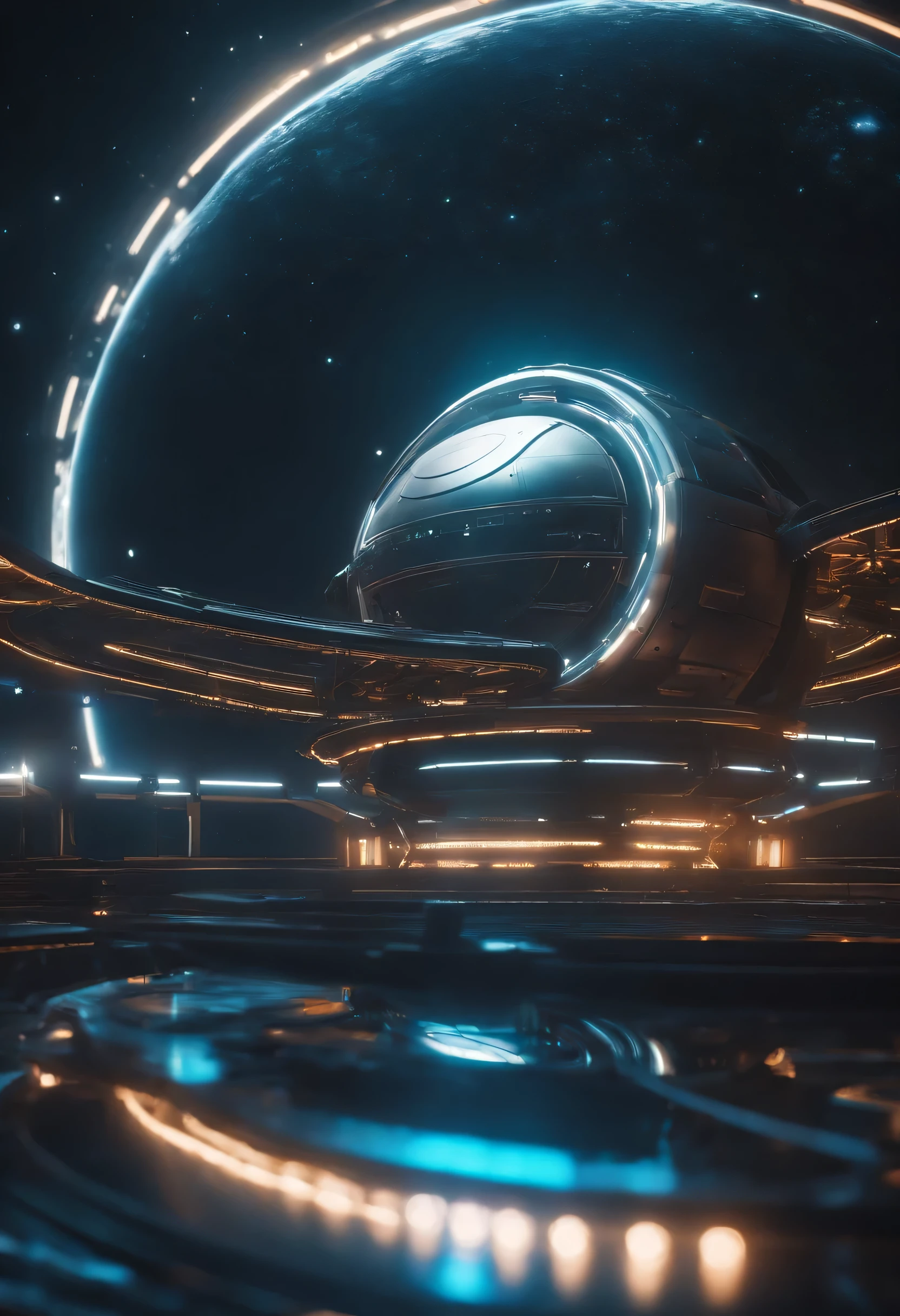 a creative shot of a spacecraft or space station orbiting the neon planet, showcasing the futuristic architecture and technology against the backdrop of the rings and stars