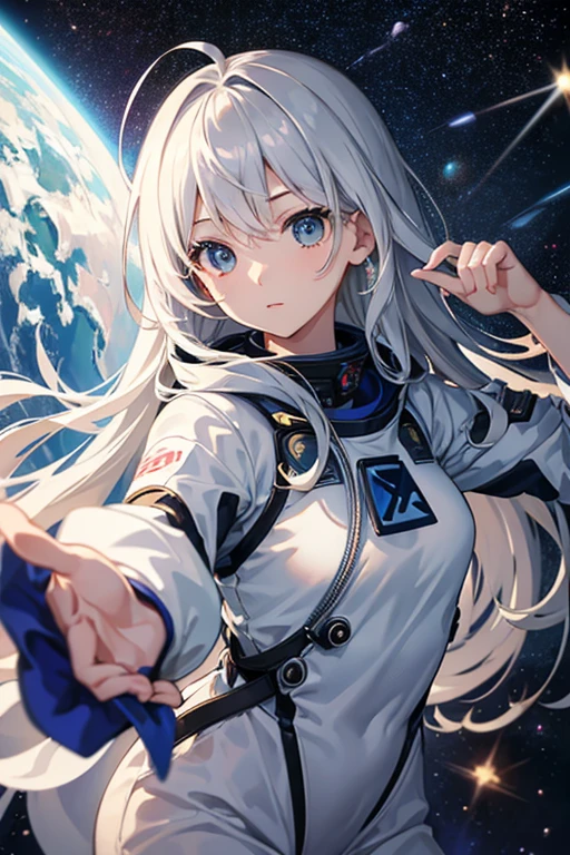 masterpiece, Highest quality, High resolution,Follow the on-screen instructions、Anime Style、Follow the prompts、One Girl、Long silver hair、、universe space、Confused、Spacewalk、Reaching out to the earth、Adrift in Space