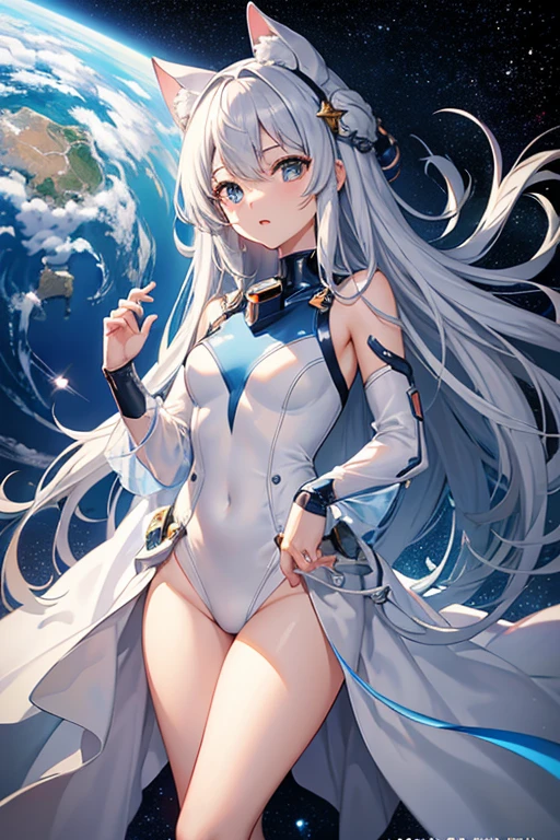 masterpiece, Highest quality, High resolution,Follow the on-screen instructions、Anime Style、Follow the prompts、One Girl、Long silver hair、、universe space、Confused、Spacewalk、Reaching out to the earth、Adrift in Space