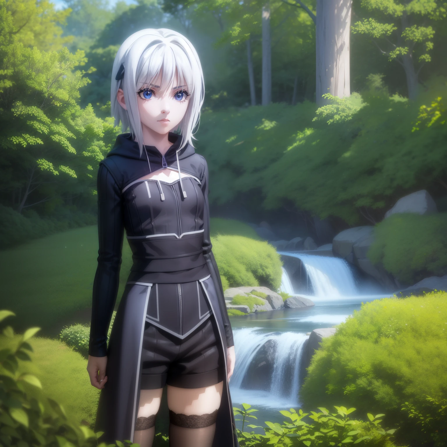 1 girl, character with cat ears, silver hair, short hair, beautiful detailed eyes, beautiful detailed lips, extremely detailed eyes and face, long eyelashes, wearing black hooded outfit, thigh-high stockings, garters, short shorts, (best quality,4k,8k,highres,masterpiece:1.2),ultra-detailed,(realistic,photorealistic,photo-realistic:1.37),concept art, fantasy, cinematic lighting, dramatic shadows You decided to wear a hoodie and covered your body, hiding yourself Rey 