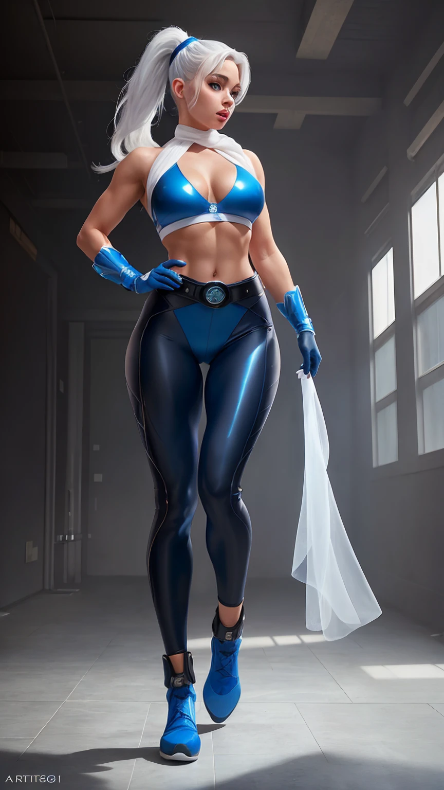 (((full body photo))), ( Masterpiece, 4k resolution, ultra-realistic, very detailed) sexy Sexy Ariana Grande beautiful superheroine, has ice powers,  white hair ponytail , white scarf around her neck, back midriff with blue outlines and a snowflake symbol on her right, has black gloves with fur on her the wrist part, wears black tight pants, with a blue belt, blue lines () full body in the style of realism, glistening skin, , natural lighting, Defined full lips. fitness feminine body. portrait photography by artgerm, in the style of realism, glistening skin, , natural lighting, Defined full lips. Muscular fitness feminine body,