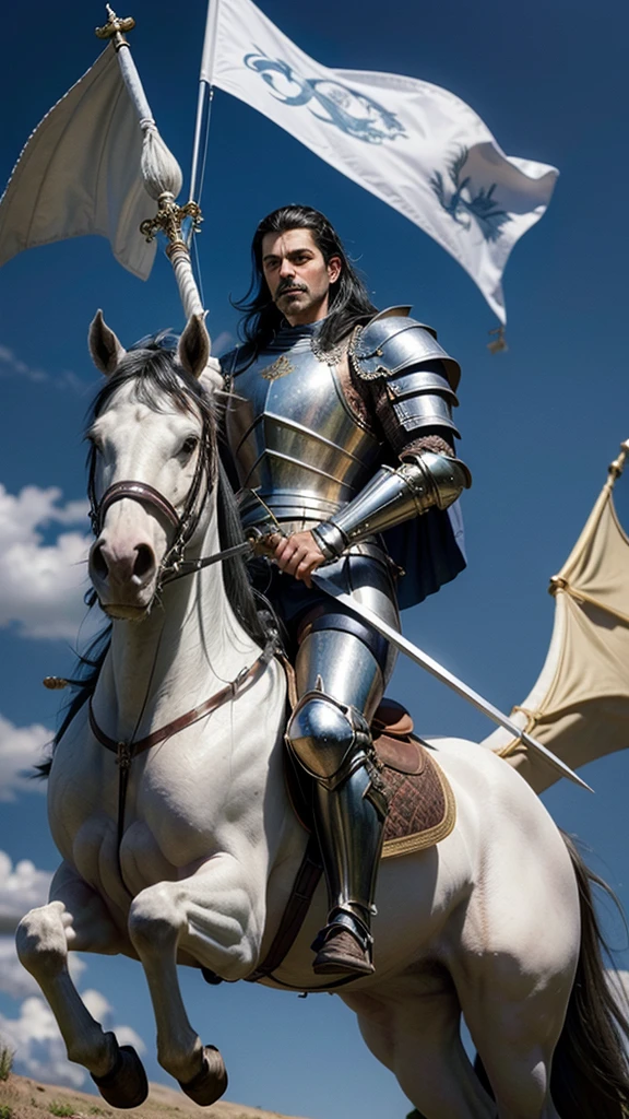 Artistic representation of Saint George in armor, tall and firm black hair, mustache with helmet on his head on top of a white horse holding a spear stabbing a huge dragon at his feet.