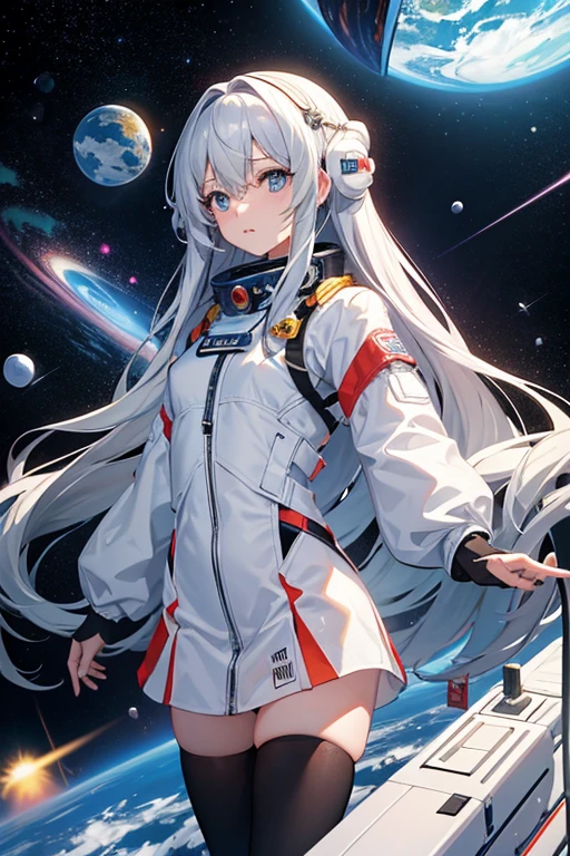 masterpiece, Highest quality, High resolution，Follow the on-screen instructions、Anime Style、Follow the prompts、One Girl、Long silver hair、、universe space、Confused、Spacewalk、Reaching out to the earth、Adrift in Space