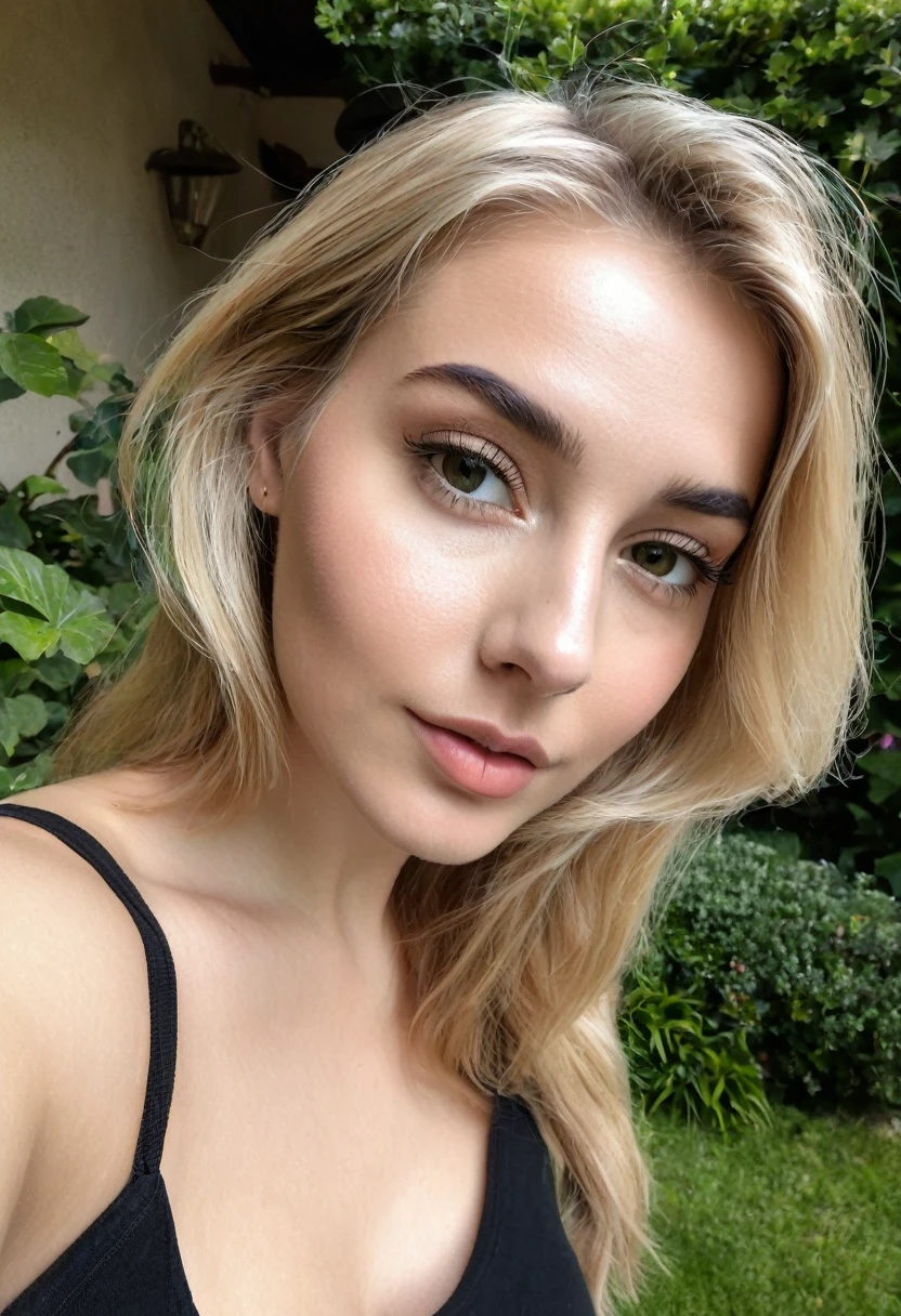 Une femme blonde de 23 ans, nue,((gros seins)), ((hyperréalisme)) ,. cheveux blonds avec des racines châtain clair. cheveux blond, Cheveux aux racines brunes, cheveux très longs, cheveux très longs, cheveux très longs, Beau, vue de face, selfie, photo prise avec iPhone, chemise noire élégante avec escote, Coupe-bas, selfie dans le jardin, haute qualité, selfie iPhone, Vêtu d&#39;un haut Fang noir et d&#39;un short de basket et d&#39;un panier noir