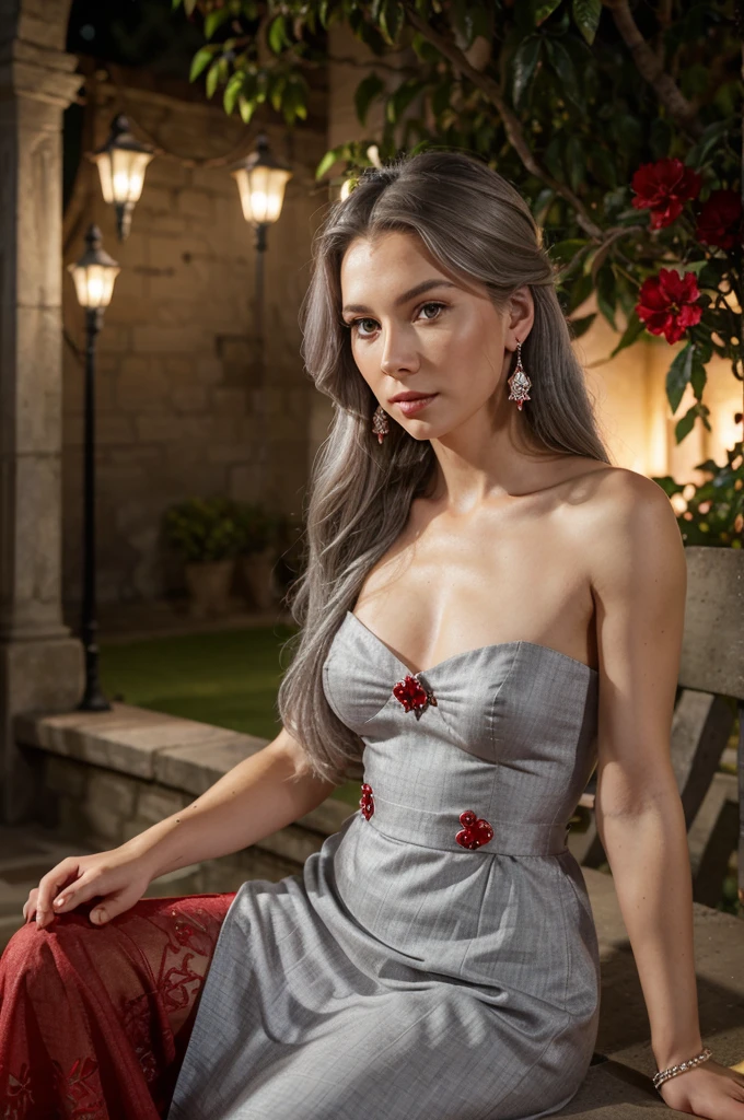 Gray haired woman, grey eyes, Royals, Red dress, red jewelry, red earrings, Lunar, Nobility, Aristocrat, high quality, Very detailed, detailed face, Masterpiece, castillo, Drinking tea, garden, flores, naked lights