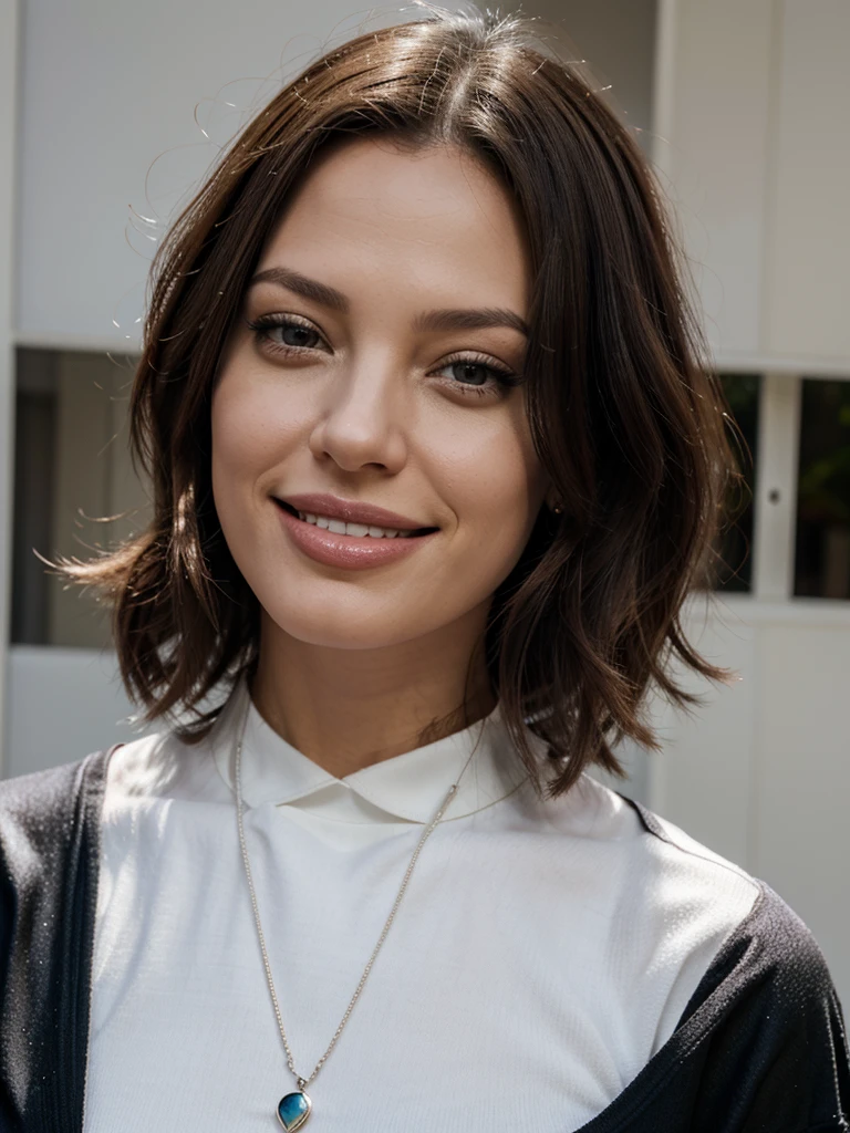 jolie femme, cheveux noirs, réaliste, tenue colorée, lumière blanche, sourire