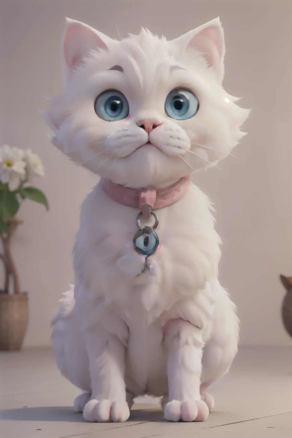 white persian cat, short hair, flat pink nose, blue eye, fatter