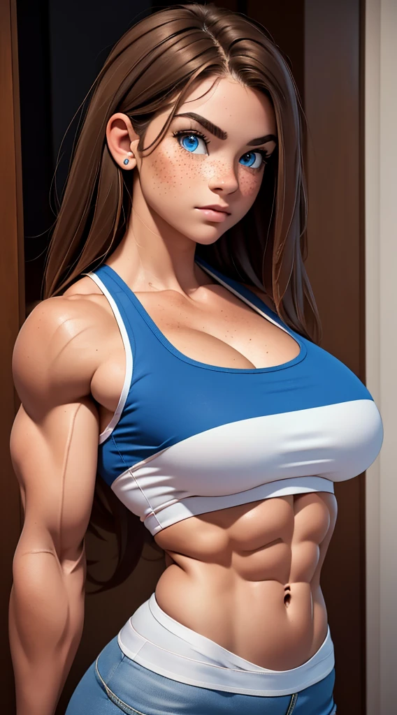 A beautiful young Italian girl with a muscular, busty physique, light brown hair, piercing blue eyes, and adorable freckles, wearing casual clothing, showcasing her incredibly defined and hyper muscular biceps, (best quality,4k,8k,highres,masterpiece:1.2),ultra-detailed,(realistic,photorealistic,photo-realistic:1.37),hyper muscular, busty, muscular, Italian, young girl, light brown hair, blue eyes, freckles, casual clothing, defined biceps, strong, athletic, dynamic pose