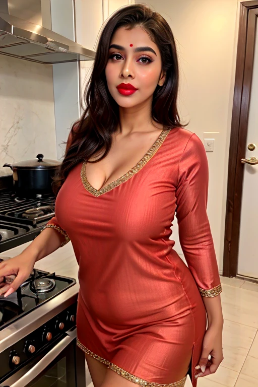 ((best quality)), ((masterpiece)), (detailed)superdeep nack kurta sexy indian bhabhi 40 yr milf super tight kurta pajama night dress super detailed face lips eyes super big fake lips red lipstick full body portrait small tight kurta, cooking kitchen super exposed curv in tightest kurta , deep neck kurth , cleavage kurta cleavage