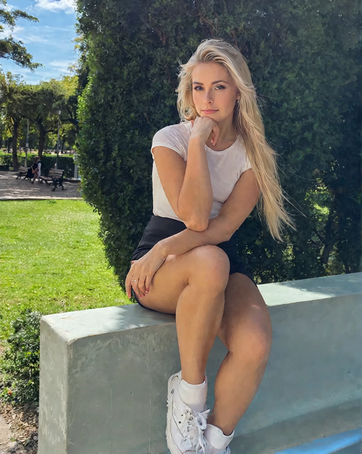 blond woman sitting on a bench in a park with a green bush behind her, in a park, in a park de la ciudad, pose casual, thoughtful pose, in a park, with a park in the background, sitting on a bench del parque, sitting on a bench, in the park, pretty face with arms and legs, Satisfied pose, Sitting at a table