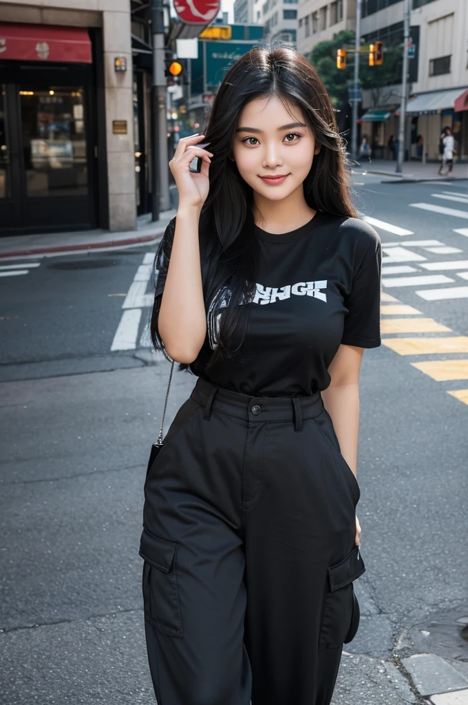 full body photo of captivating Burmese modern 22-year-old girl in the city. Straight and shine black long hair. slightly chubby. round face. big suffer eyes. mouth slightly open. perfect anatomy. suffer smile. suffer look. squinted eyes. oversize black t-shirt and loose gray cargo pant.