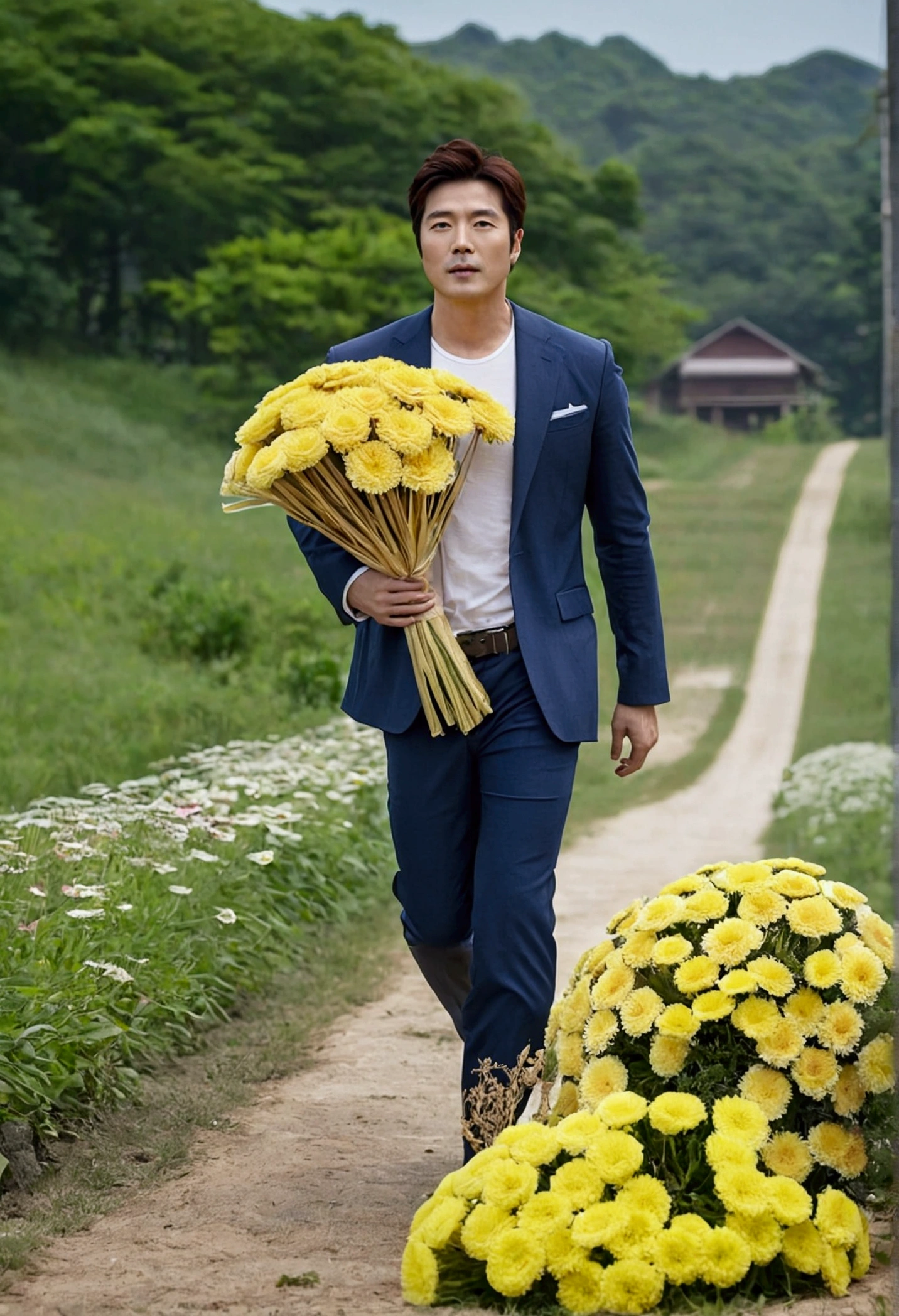 Kwon Sang Woo ,korea actor, full body, walking along the grass road, at country side, beyond the meadow, holding a bundle of chrysanthemum, XF IQ4, 150MP, 50mm, ISO 1000, 1/250s, natural light, Adobe Lightroom, photolab, Affinity Photo, PhotoDirector 365