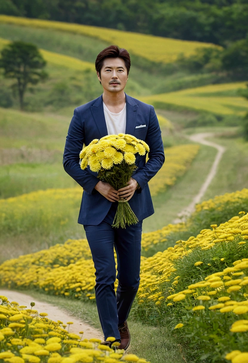 Kwon Sang Woo ,korea actor, full body, walking along the grass road, at country side, beyond the meadow, holding a bundle of chrysanthemum, XF IQ4, 150MP, 50mm, ISO 1000, 1/250s, natural light, Adobe Lightroom, photolab, Affinity Photo, PhotoDirector 365