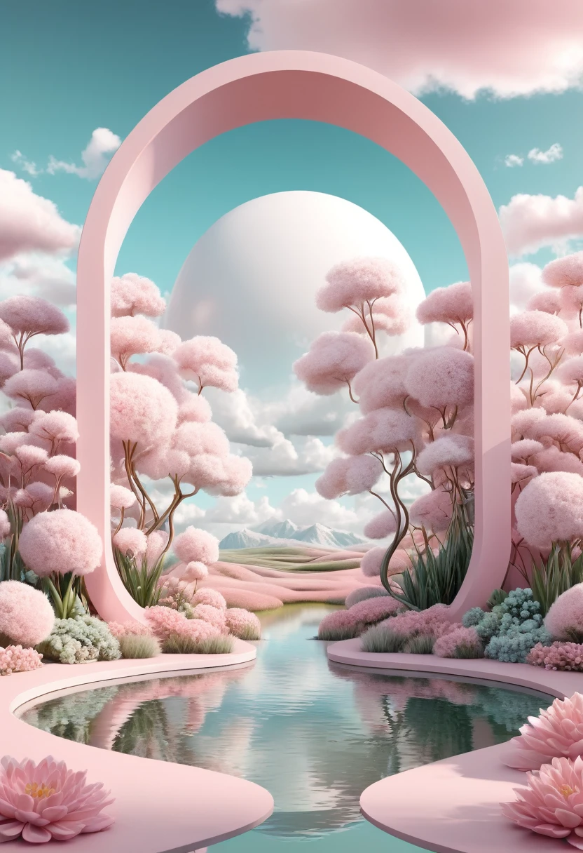 Pale pink flowers surrounded by clouds and ponds, With surreal 3D landscape style, Oval entrance, Pastel color landscape, Rendered in movie 4D, Mobile and organic, pastoral, Surreal elements ,in the style of rendered in cinema4d, minimalist stage designs, Layered surfaces