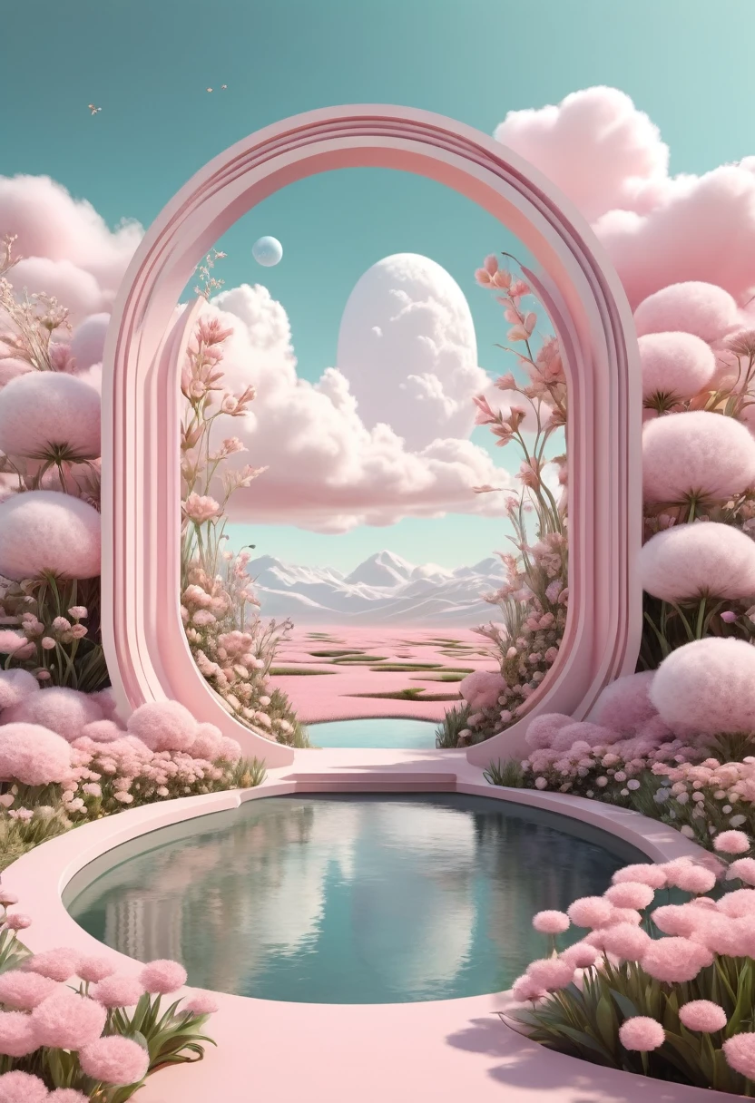 Pale pink flowers surrounded by clouds and ponds, With surreal 3D landscape style, Oval entrance, Pastel color landscape, Rendered in movie 4D, Mobile and organic, pastoral, Surreal elements ，in the style of rendered in cinema4d, minimalist stage designs, Layered surfaces