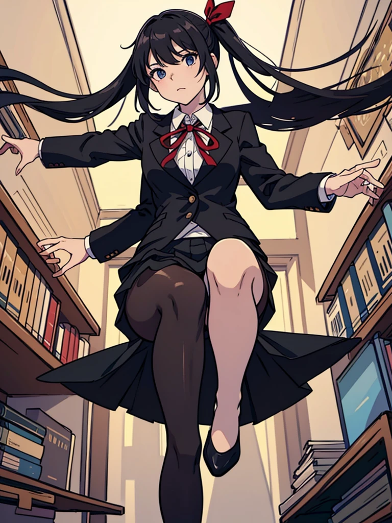 pantyhose,Crouching,front,From below,Leg spread,With legs apart,Black Hair,Straight Hair,Black Skirt,blazer,ribbon,School,Library,Ultra HD,masterpiece,super high quality,Ultra-high resolution,Highest quality,Advanced,Highest quality,Highest Resolution,high quality,beautiful,beautiful,High quality,Realな質感,Real,8k,Detailed,