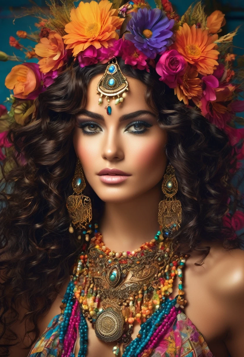 Beautiful stunning woman adorned in ornate, colorful jewelry and clothing that appears to be inspired by"gypsy" style. She has long, dark curly hair with flowers tucked into it. Her makeup emphasizes her eyes, and she's wearing large, dangling earrings and multiple necklaces with colorful beads and pendants. The woman's clothing includes vibrant fabrics with patterns. The overall aesthetic is very bohemian and romantic, evoking a free-spirited, nomadic culture. The lighting in the image is warm, giving it a rich, golden glow that enhances the romantic atmosphere.woman adorned in ornate, colorful jewelry and clothing that appears to be inspired by Romani or "gypsy" style. She has long, dark curly hair with flowers tucked into it. Her makeup emphasizes her eyes, and she's wearing large, dangling earrings and multiple necklaces with colorful beads and pendants. The woman's clothing includes vibrant fabrics with patterns. The overall aesthetic is very bohemian and romantic, evoking a free-spirited, nomadic culture. The lighting in the image is warm, giving it a rich, golden glow that enhances the romantic atmosphere.