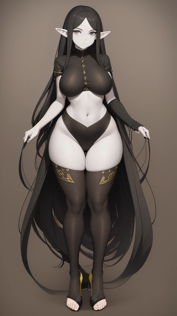 An elf with gray skin, black eyes and yellow irises, long black curly hair, , wide waist, pear-shaped body